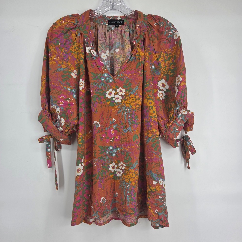 Cynthia Rowley Blouse M Orange Floral Puff Sleeve Tie Cuff Boho Cottage